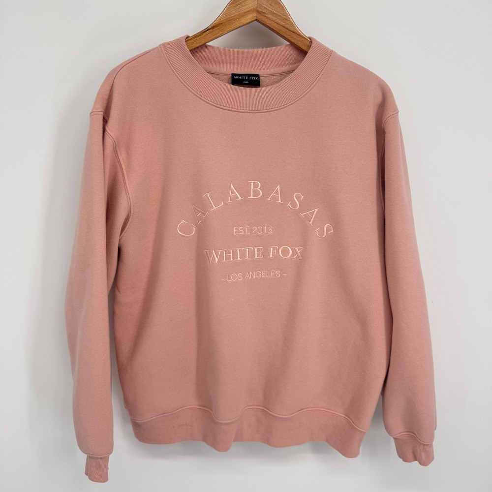 White Fox Calabasas Sweatshirt Women SM Pink Embroidered Pullover Clean Girl